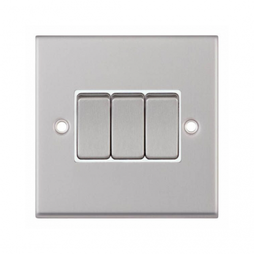 Selectric 7MPRO-103 Satin Chrome 3 Gang 10A 2 Way Switch with White Insert