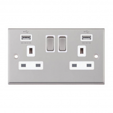 Selectric 7MPRO-161 Satin Chrome 2 Gang 13A Switched Socket with USB Outlet and White Insert