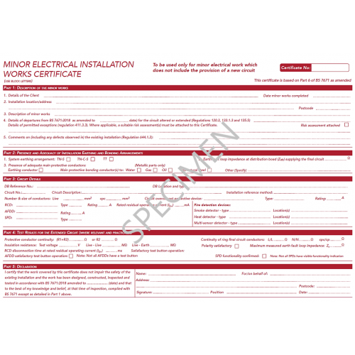 Docs Store Minor Electrical Works Certificate BS 7671: 2018+A2:2022 Pack of 5