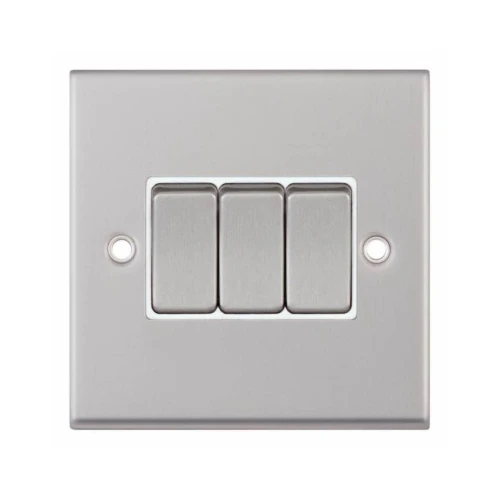 Selectric 7MPRO-103 Satin Chrome 3 Gang 10A 2 Way Switch with White Insert