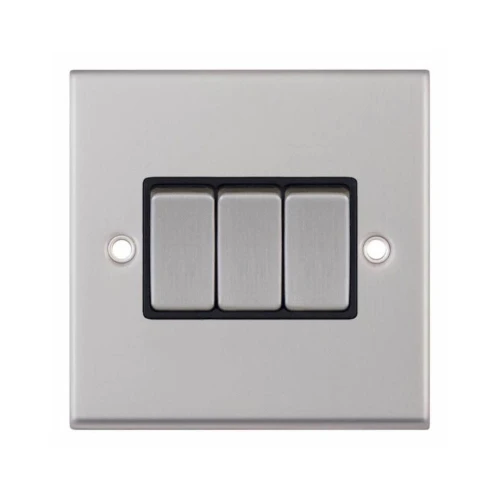 Selectric 7MPRO-203 Satin Chrome 3 Gang 10A 2 Way Switch with Black Insert