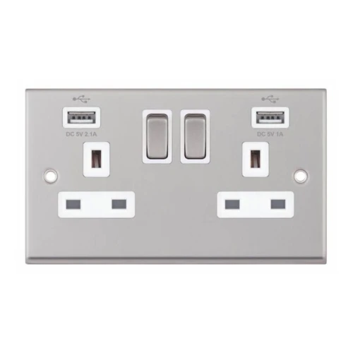 Selectric 7MPRO-161 Satin Chrome 2 Gang 13A Switched Socket with USB Outlet and White Insert