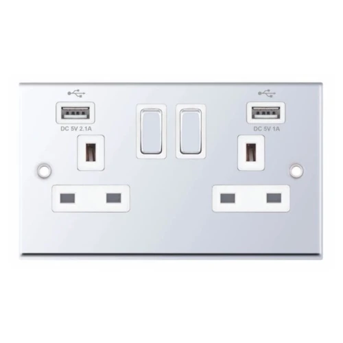 Selectric 7MPRO-361 Polished Chrome 2 Gang 13A Switched Socket with USB Outlet and White Insert